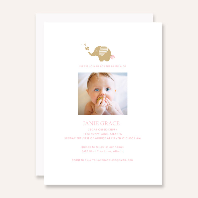 Pink Baby Elephant Baptism Invite